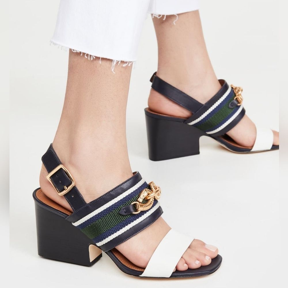 Tory Burch Black and White Sandals with Gold Chain Detail